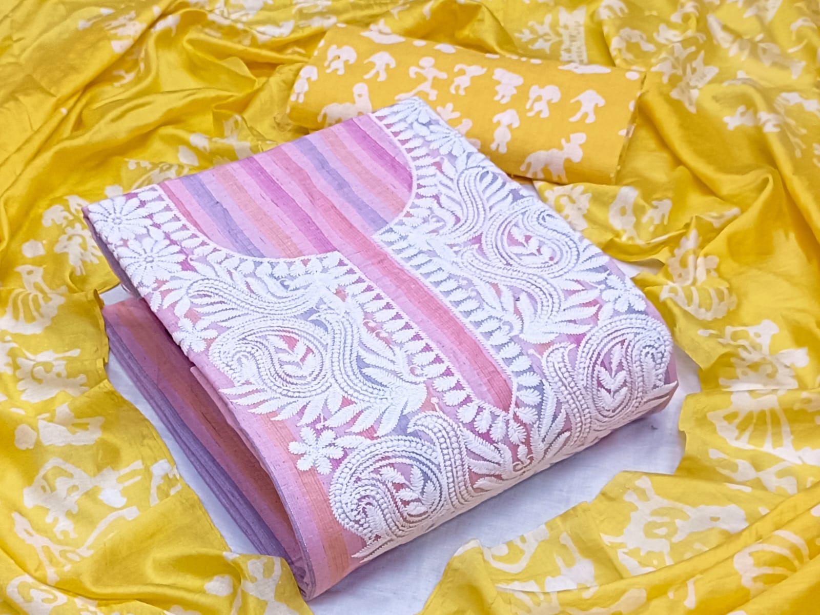 Cotton Lakhnavi Thread work batik print Dress Material (Unstitched)