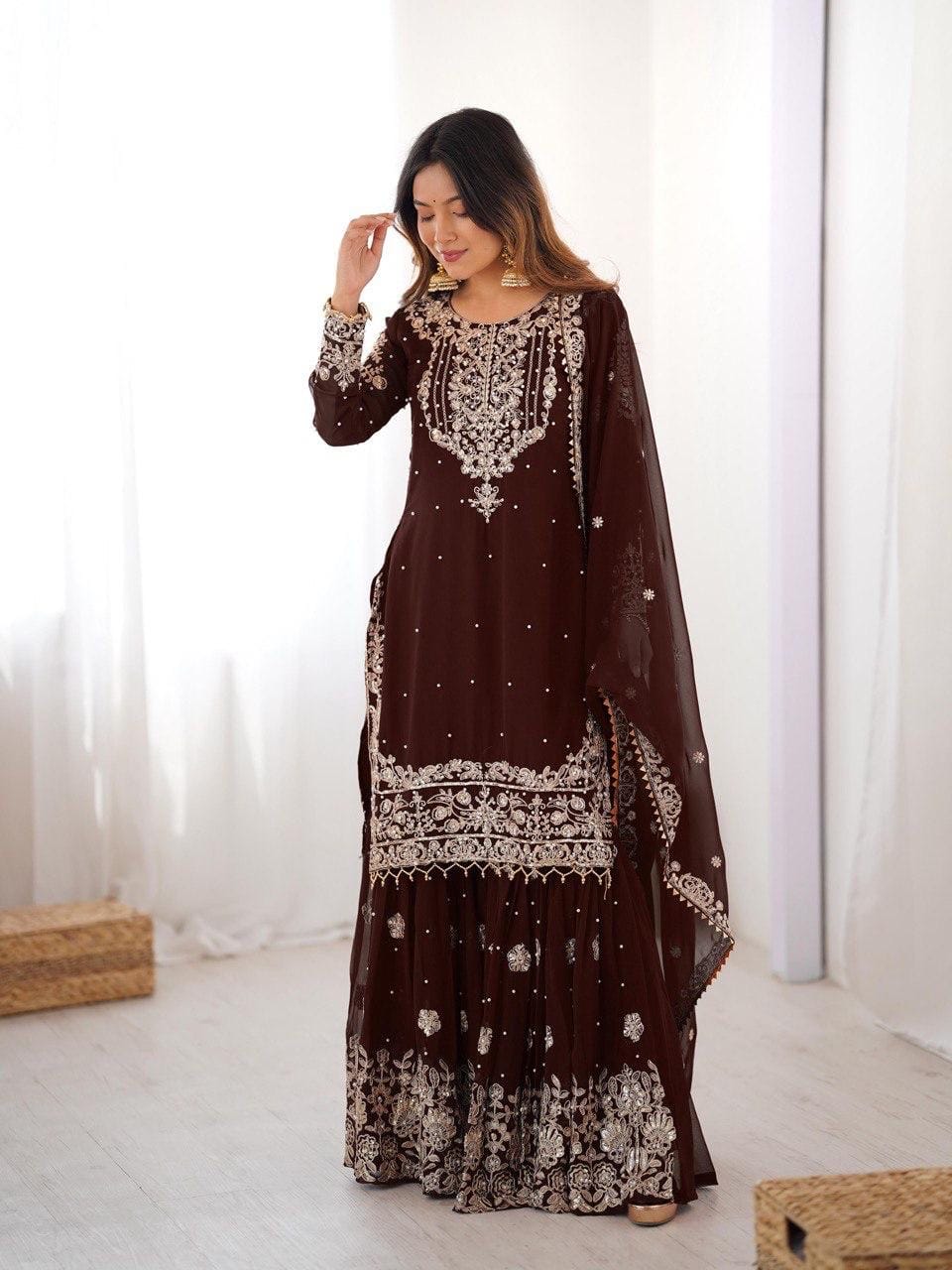 Premium Faux Georgette Embroidery with Moti Work Designer Kurti Sharara Dupatta Set (Ready to Wear)