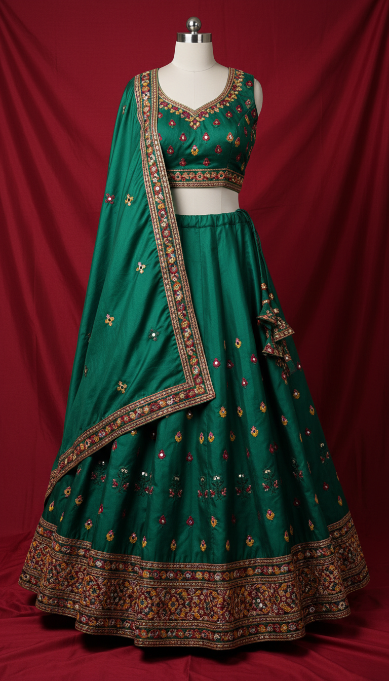 Emerald Green Silk Embroidered Chaniya Choli