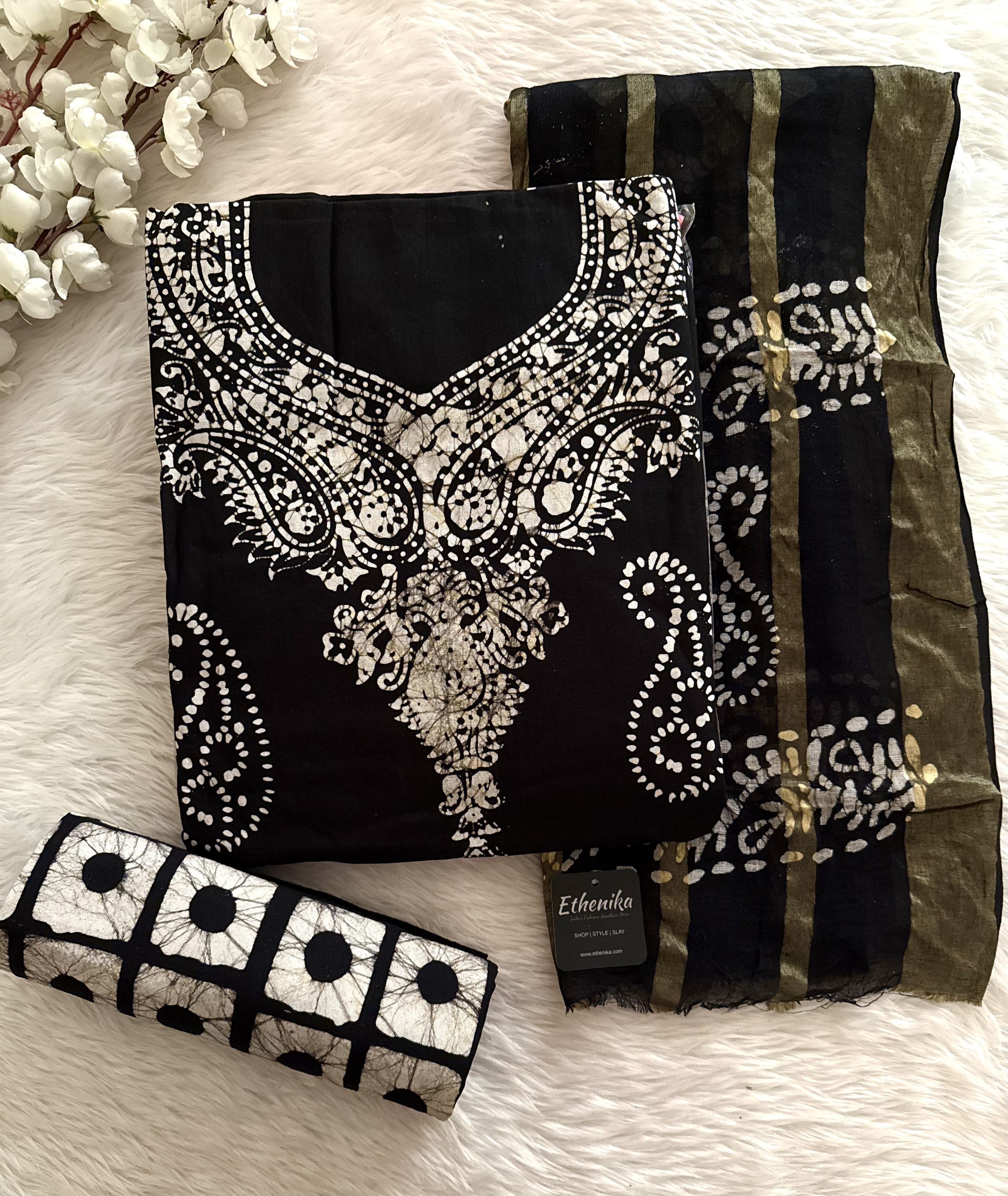 Cotton Hand Blocked Wax Batik Unstitched Dress Material