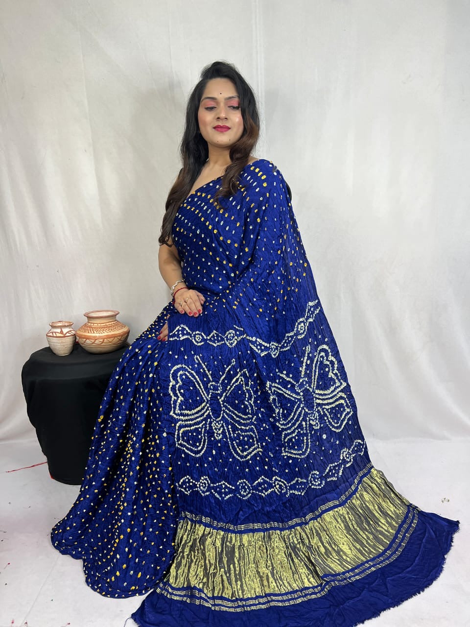 Modal Silk Heavy Barik Bandhej work Silk Bandhani Saree