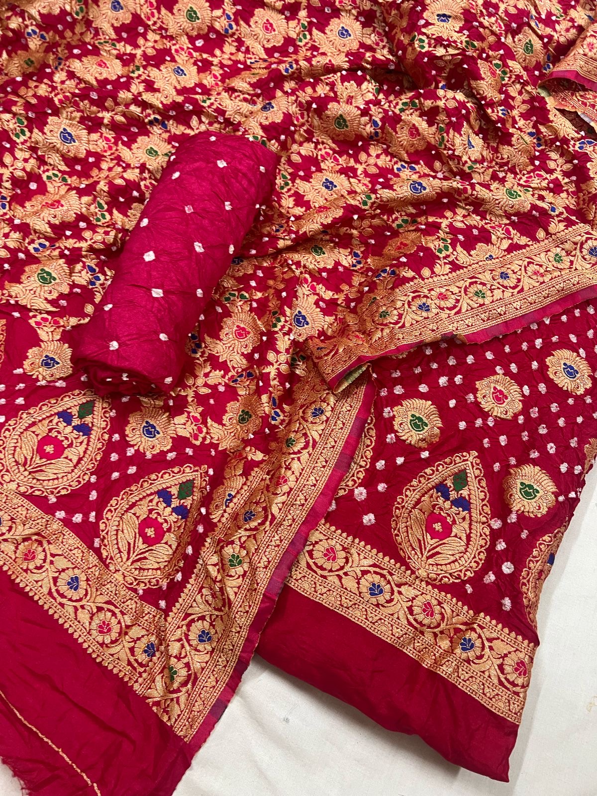 Dhupian Silk Authentic Kasab work Bandhani Dress Material (Unstitched)