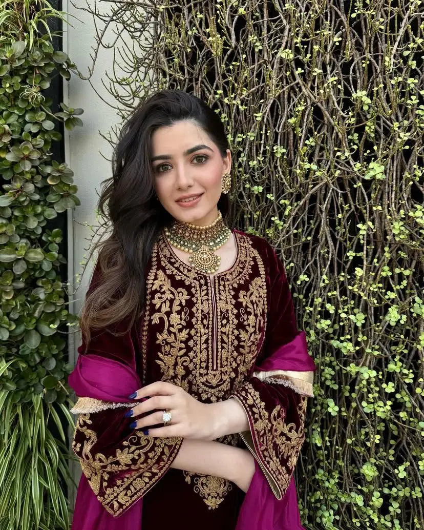 Ethenika Elegant Thread Embroidery work Ready to wear Velvet Suit