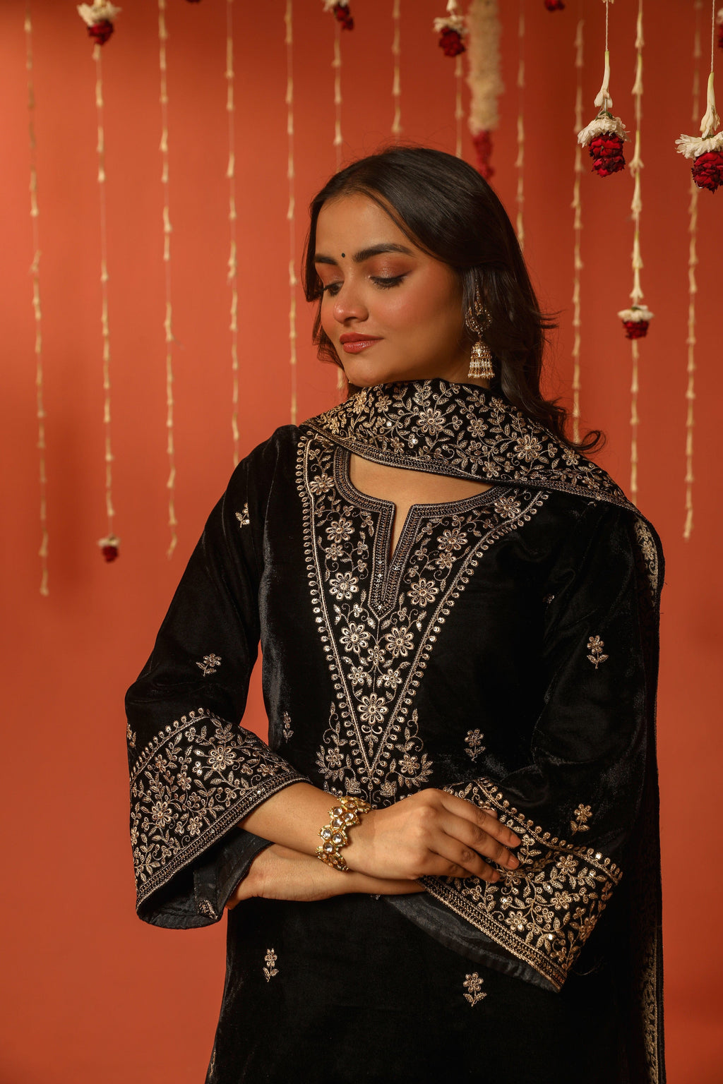 Ethenika Designer Embroidery Work Velvet Kurti Pant Dupatta Set (Ready to Wear)