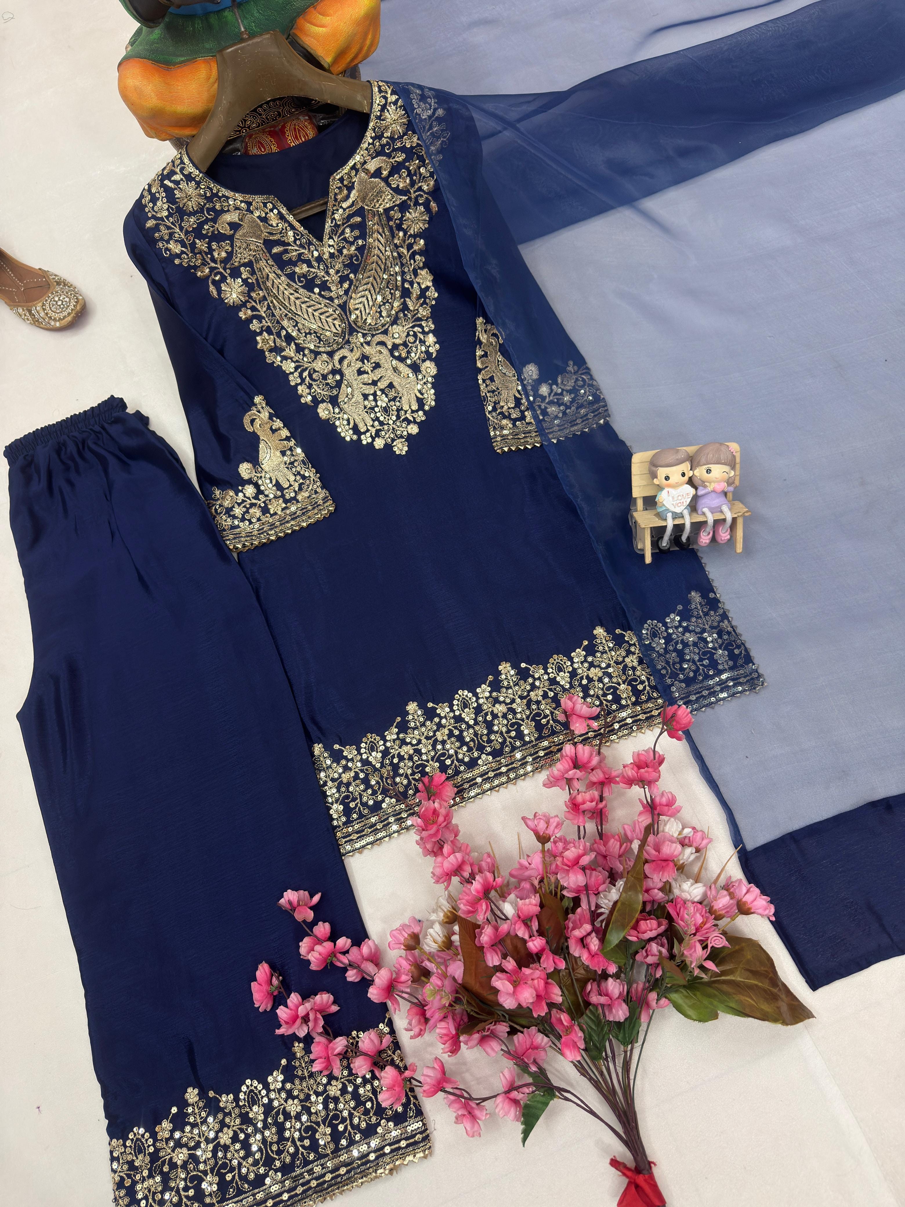 Chinon Silk Zari Embroidery Work Designer Kurti Pant Dupatta Set (Ready to Wear)