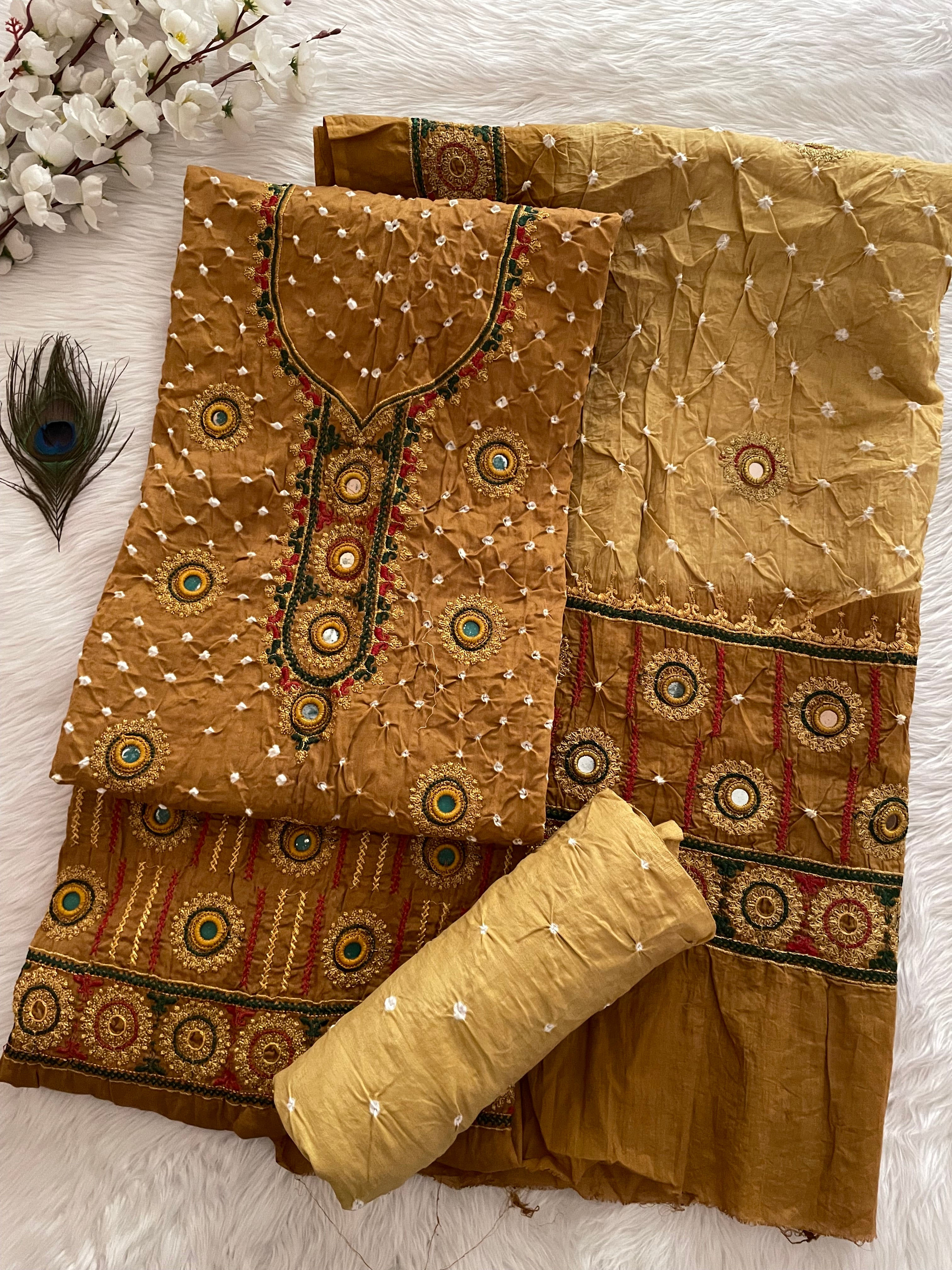 Ethenika Originals Mirror Hand Embroidery Tila Work With Heavy Work Dupatta Bandhani Dress Material (Unstitched)