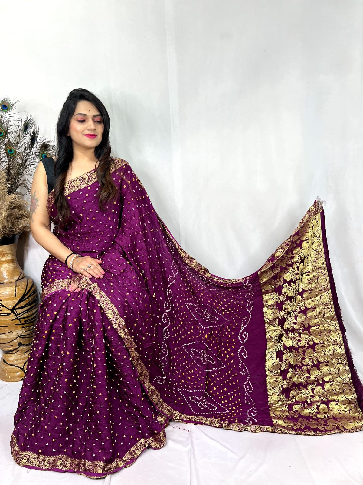 Premium Modal Silk Barik Bandhej Work Nakashi Border Silk Bandhani Saree