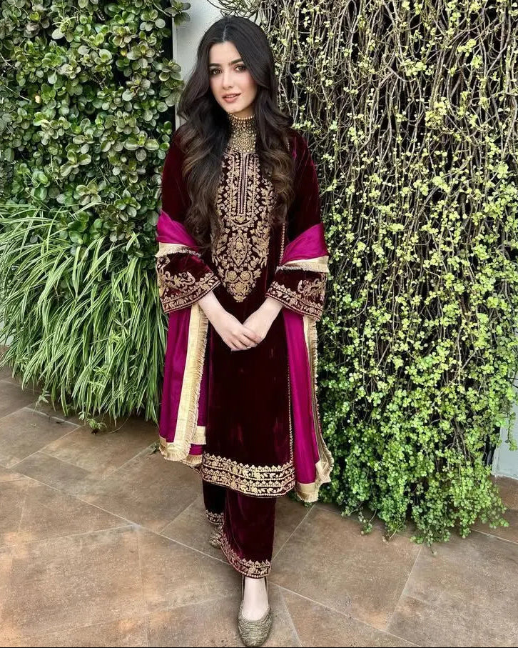 Ethenika Elegant Thread Embroidery work Ready to wear Velvet Suit
