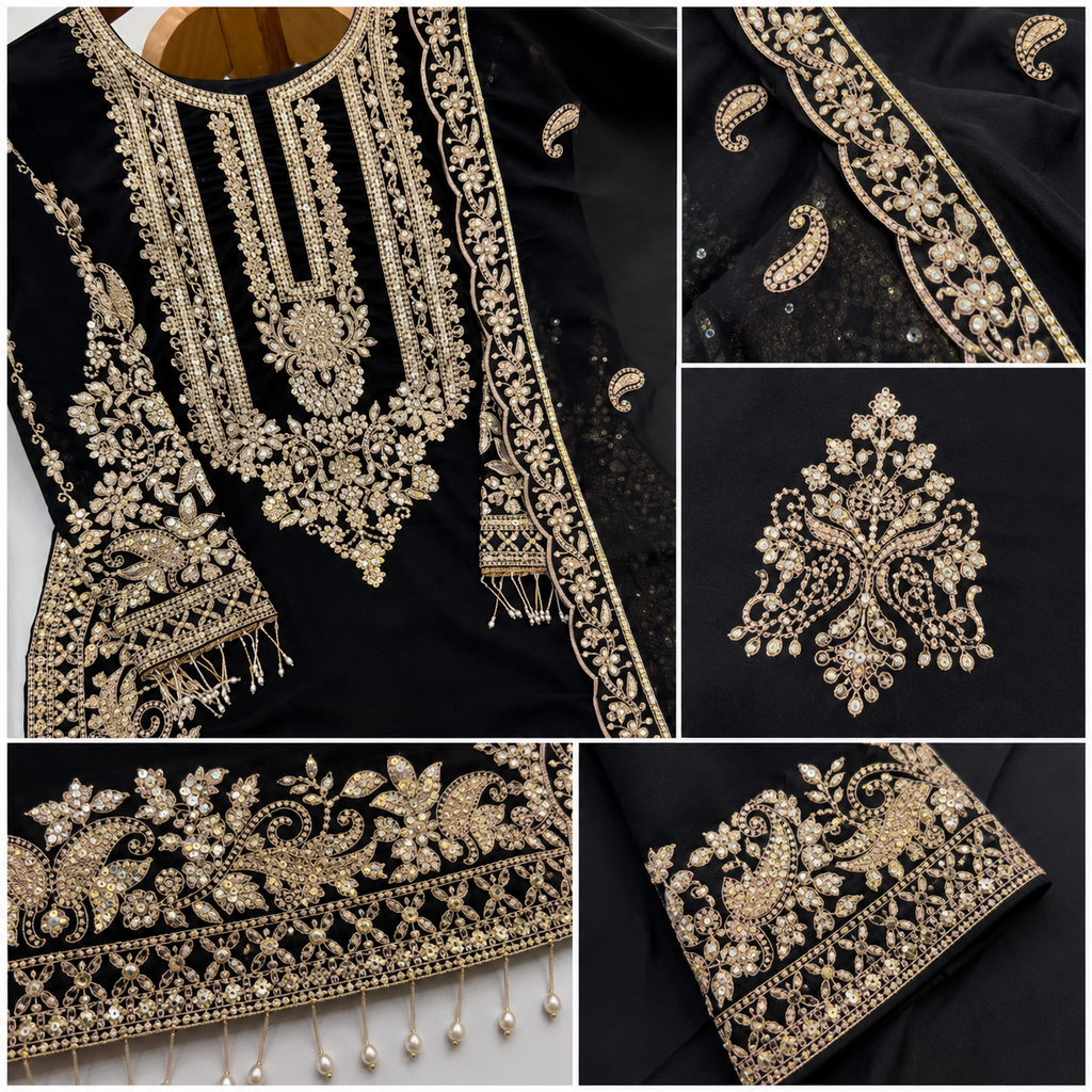 Faux Georgette Sequence Embroidery 3Pc Designer Kurti Pant Dupatta Set (Ready to Wear)