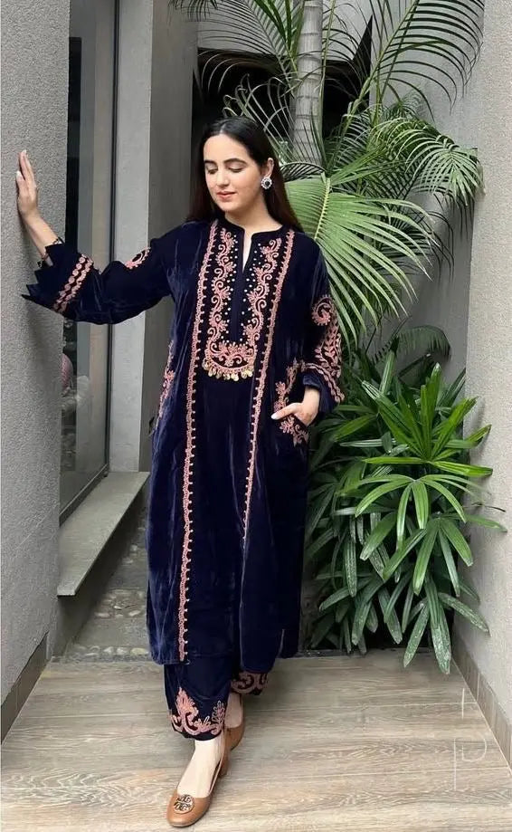 Designer Embroidery work Velvet Kurti Pant Set (Ready to wear)