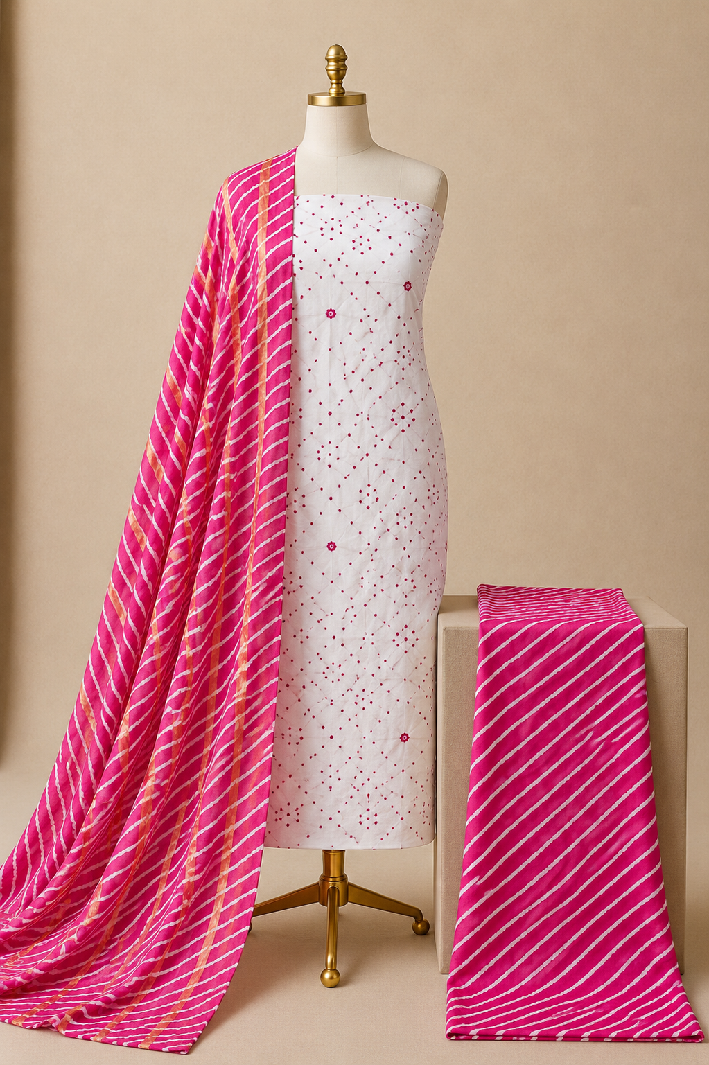 Pure Cotton Thread Knots Mirror Work Leheriya 3Pc Unstitched Dress Material