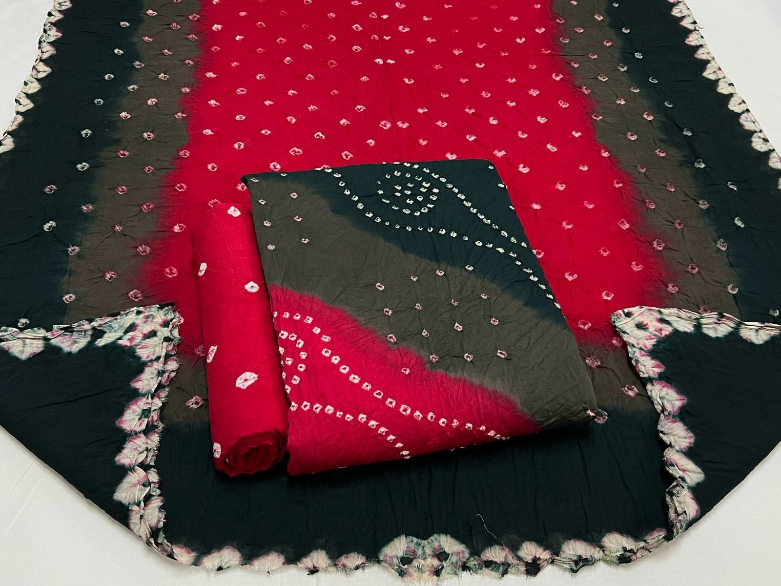 Cotton Satin V Pattern Multi Color Hand Crafted Kutch Bandhani Dress Material (Unstitched)