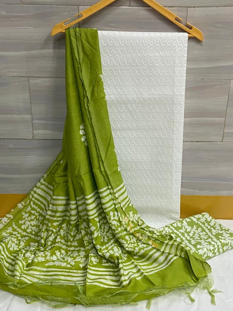 Chikankari Work Cotton Dress Material with Batik Print Salwar and dupatta (Unstitched)