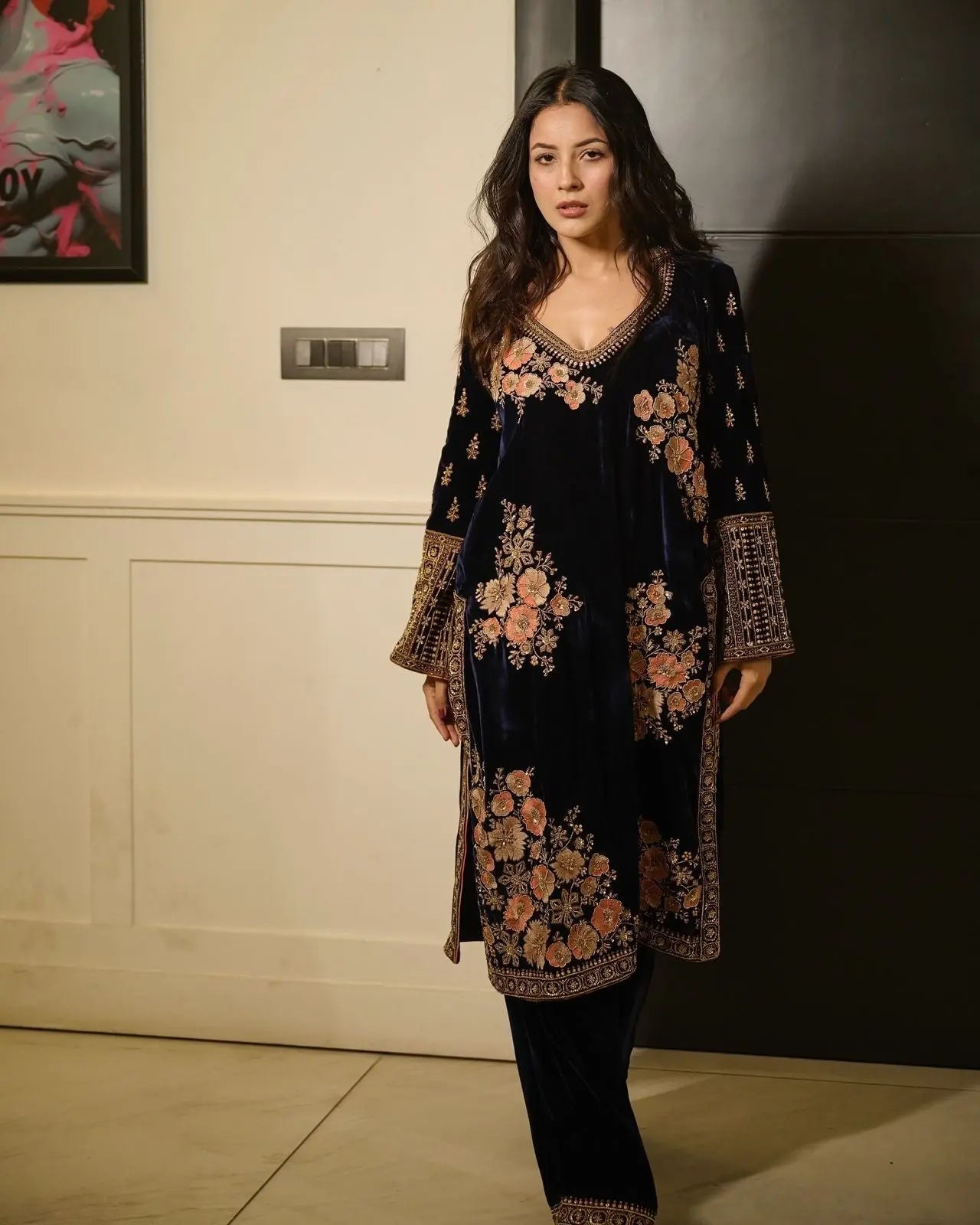 Viscose Thread Embroidery work Party wear Velvet suit