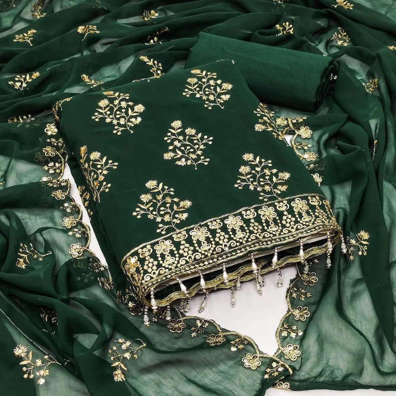 Georgette Golden Embroidery lace work Dress Material (Unstitched)