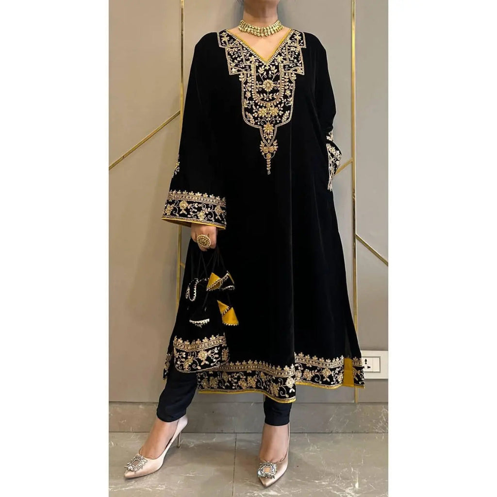 Ethenika Sequence Embroidery Work Velvet Kurti Pant Set
