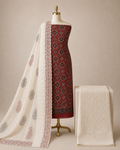Soft Cotton Hand Block Ajrakh with Chikan Work Salwar Unstitched 3Pc Dress Material