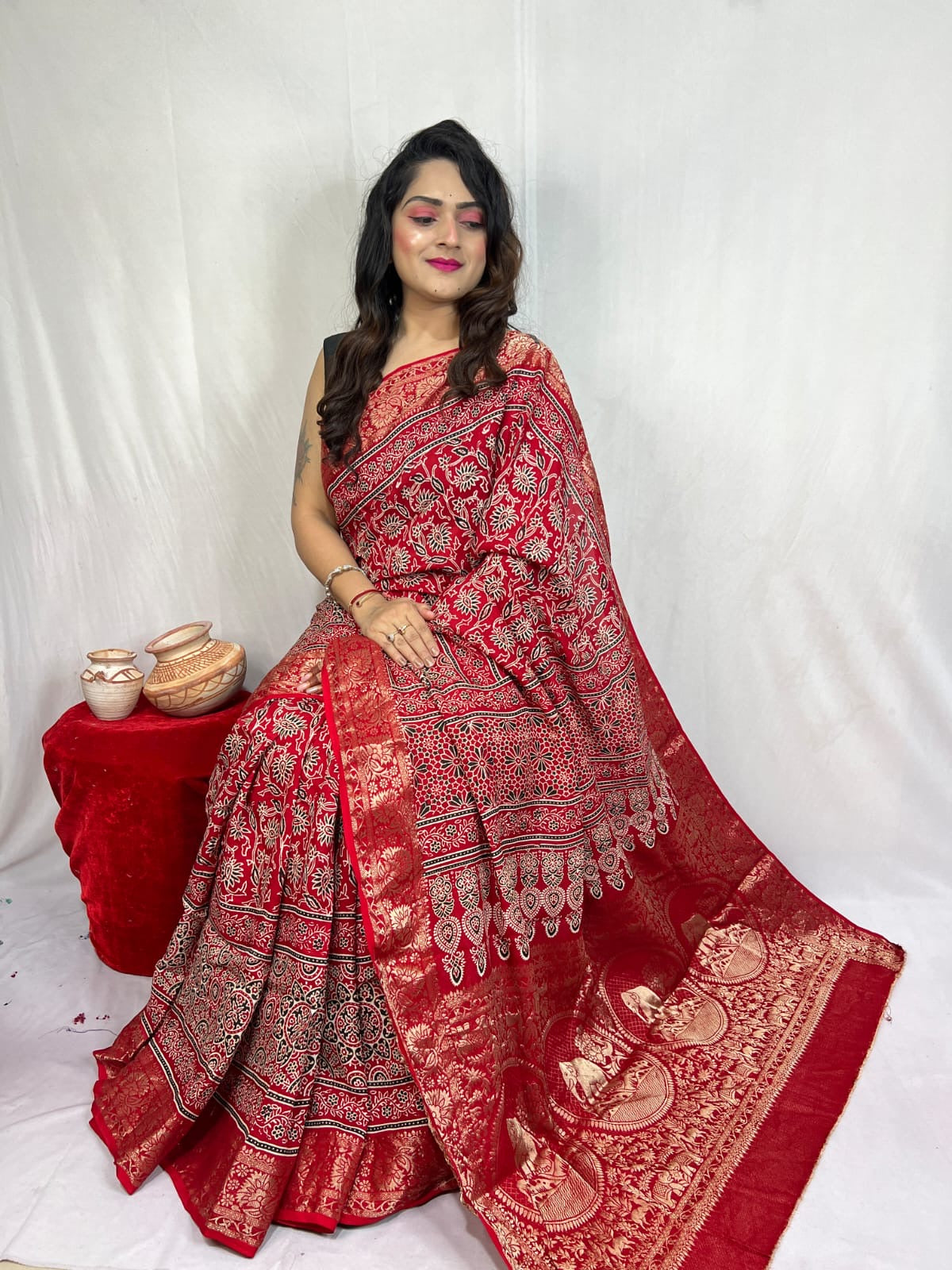 Dola Silk Original Handblocked  Ajrakh work Saree