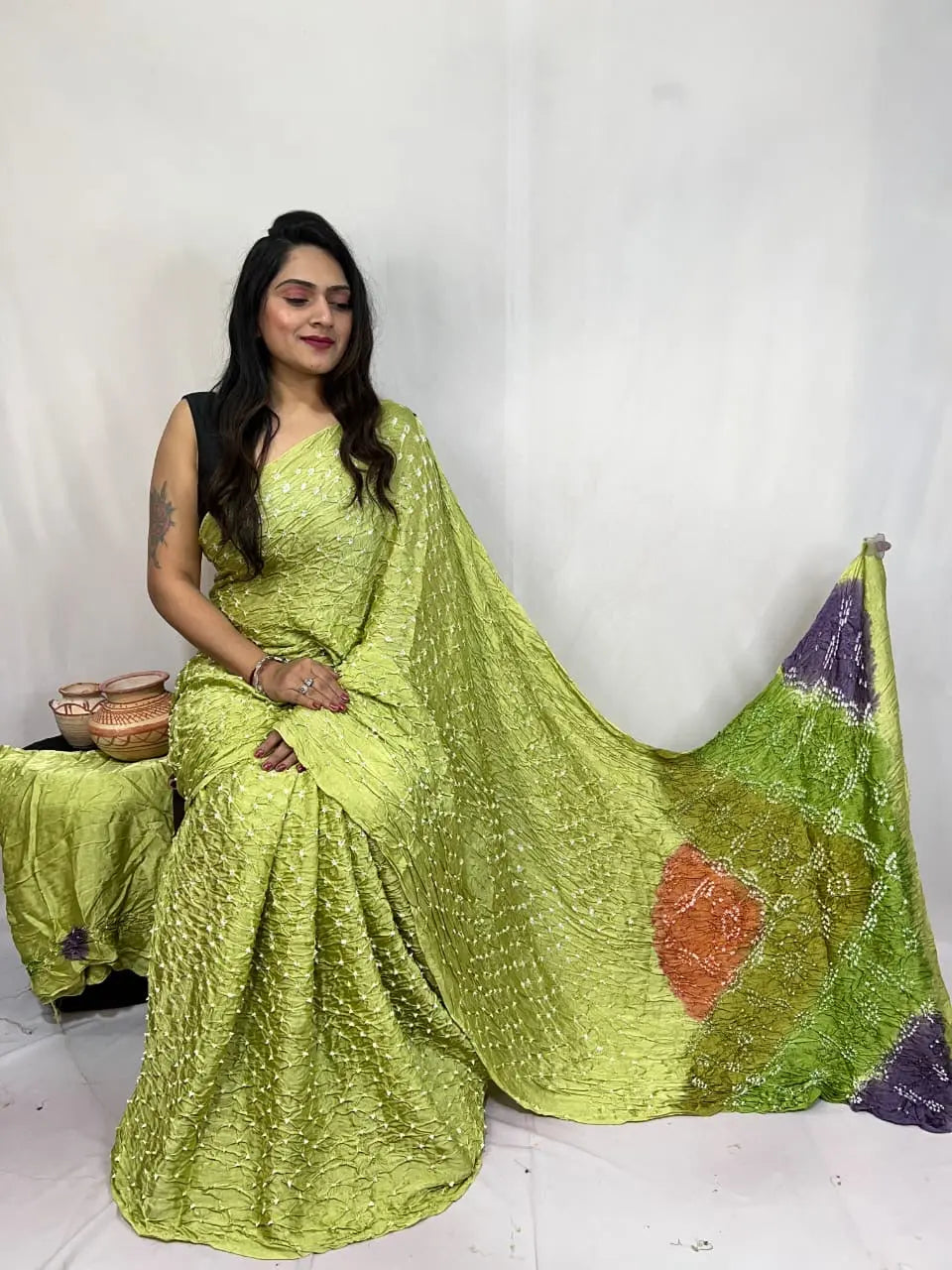 Pure Modal Silk Barik Bandhej Lagdi Pallu Bandhani Saree