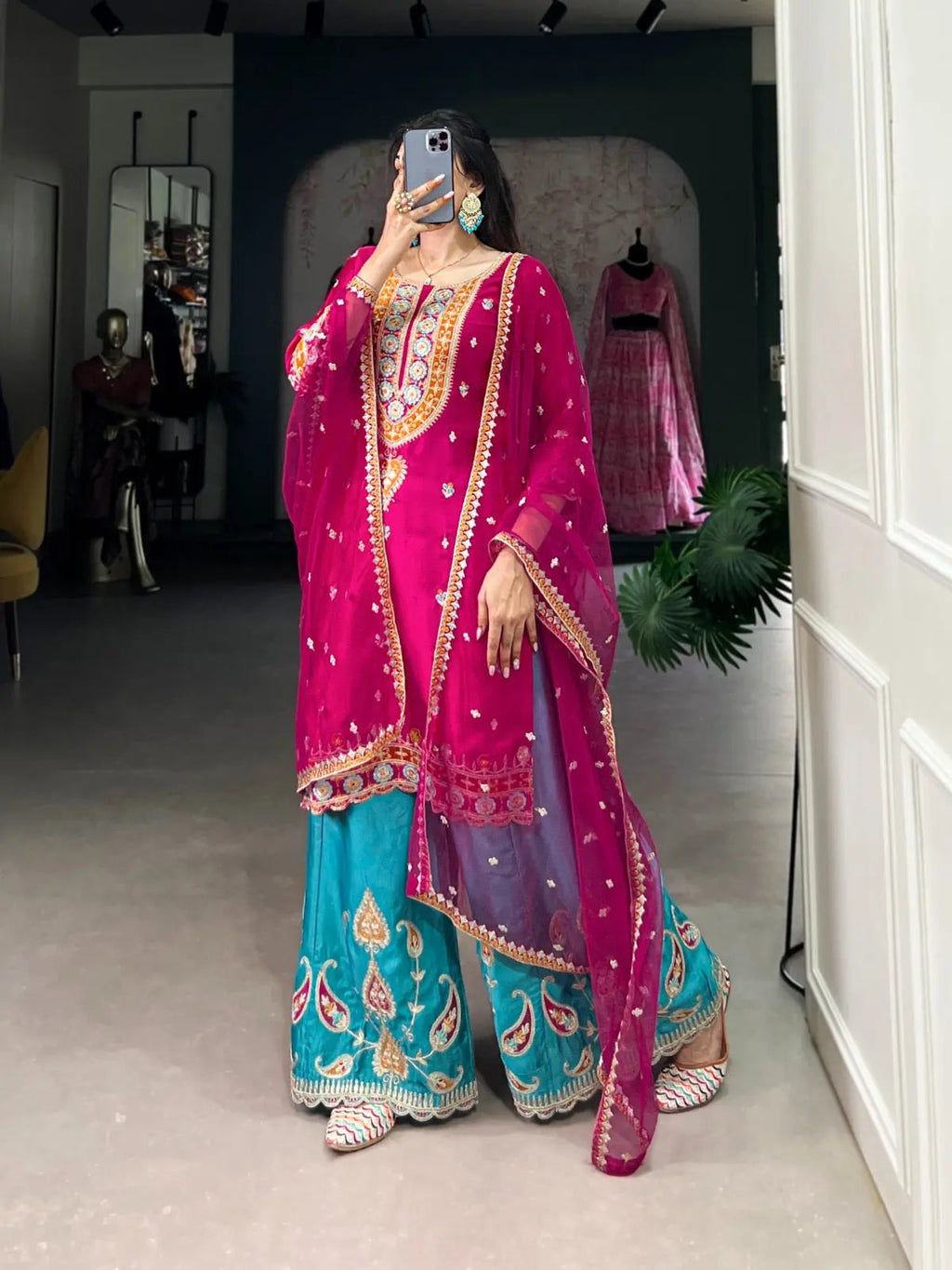 Ethenika Silk Sequence Embroidery Work Kurti Sharara Dupatta Set (Stitched)