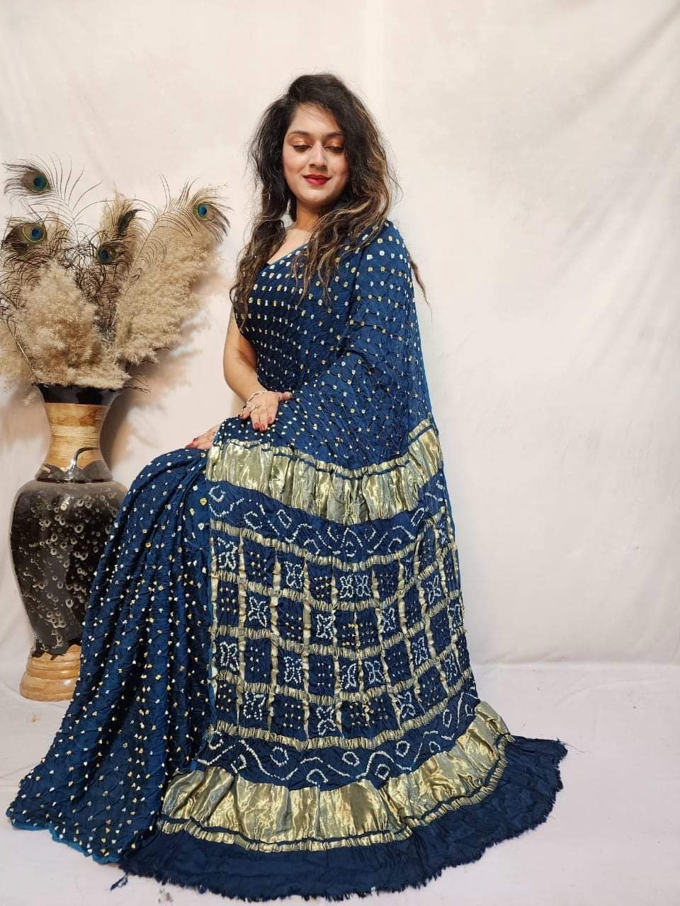 Modal Silk Barik Bandhej work Lagdi Patta Border Chex Bandhani Saree