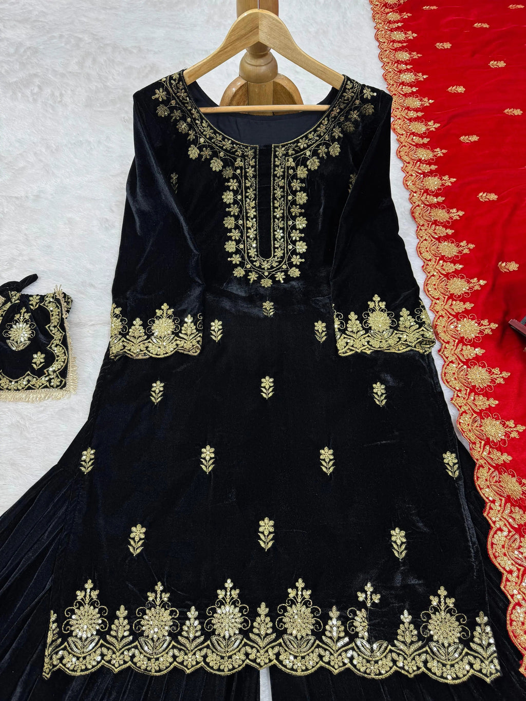 Ethenika Fine Velvet Golden Thread Embroidery work Velvet Kurti Sharara
