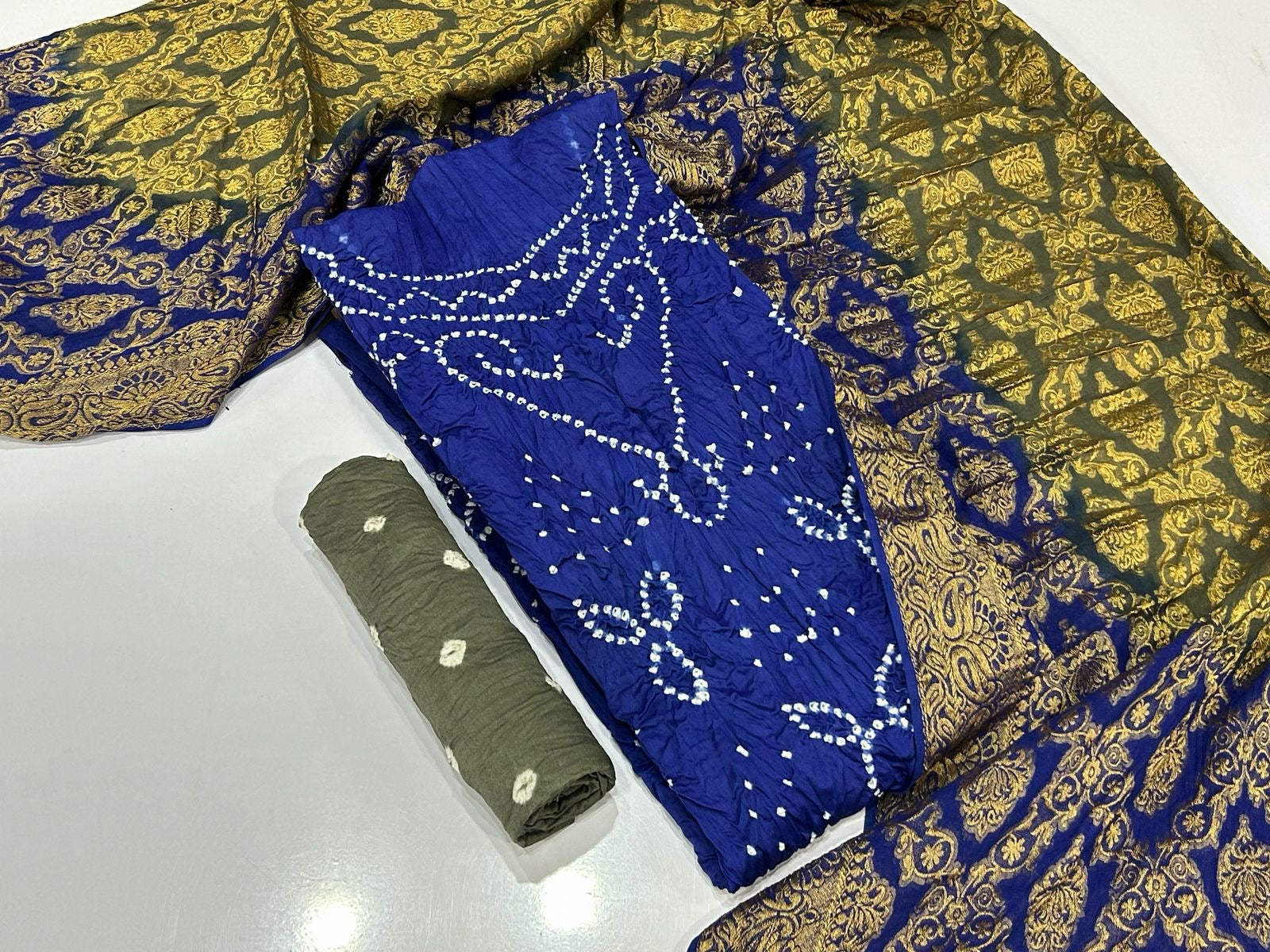 Cotton Satin Barik Bandhej work Authentic Jamnagar Bandhani Dress Material (Unstitched)