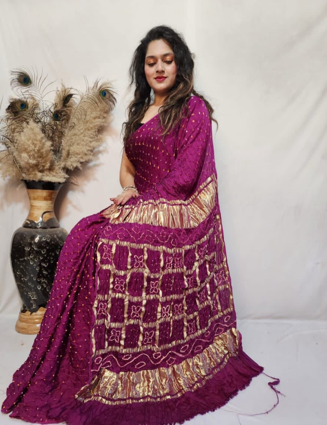 Modal Silk Barik Bandhej work Lagdi Patta Border Chex Bandhani Saree