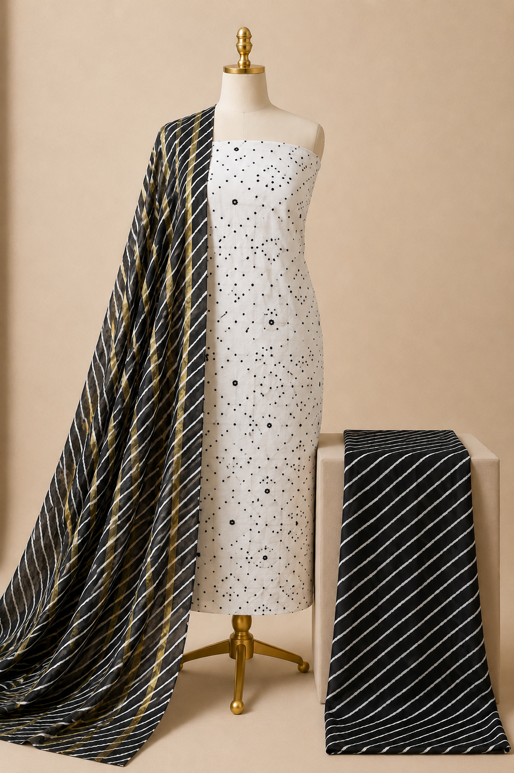 Pure Cotton Thread Knots Mirror Work Leheriya 3Pc Unstitched Dress Material