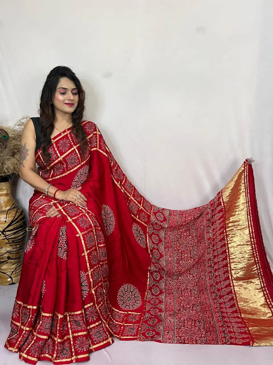 Modal Silk Original Hand Blocked Ajrakh work Lagdi Pallu Saree