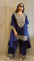 Chinon Silk Zari Embroidery Work Designer Kurti Pant Dupatta Set (Ready to Wear)