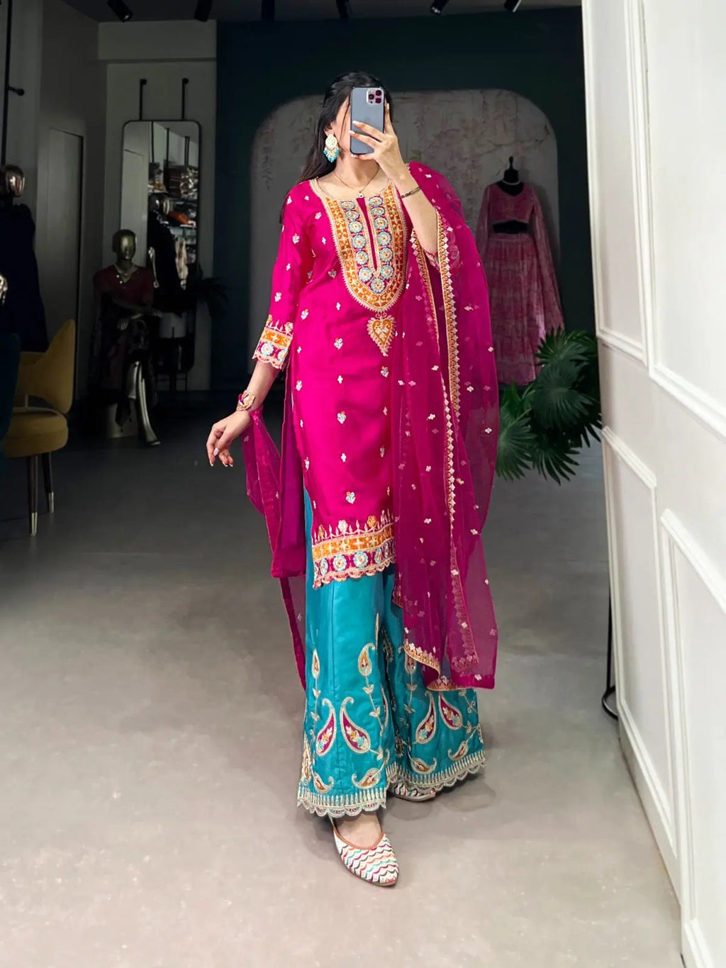 Ethenika Silk Sequence Embroidery Work Kurti Sharara Dupatta Set (Stitched)