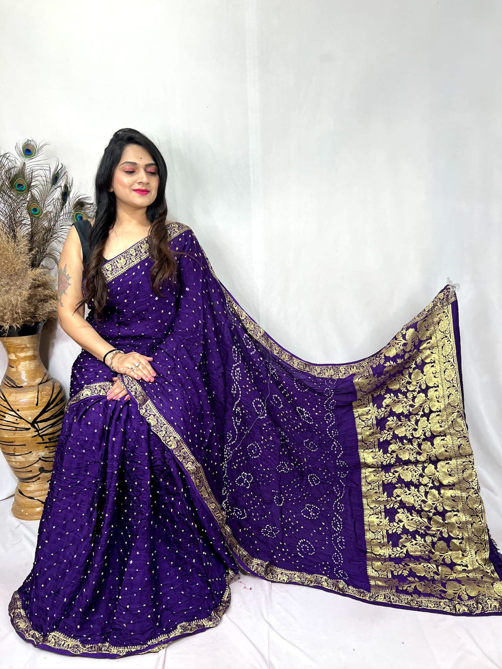Premium Modal Silk Barik Bandhej Work Nakashi Border Silk Bandhani Saree