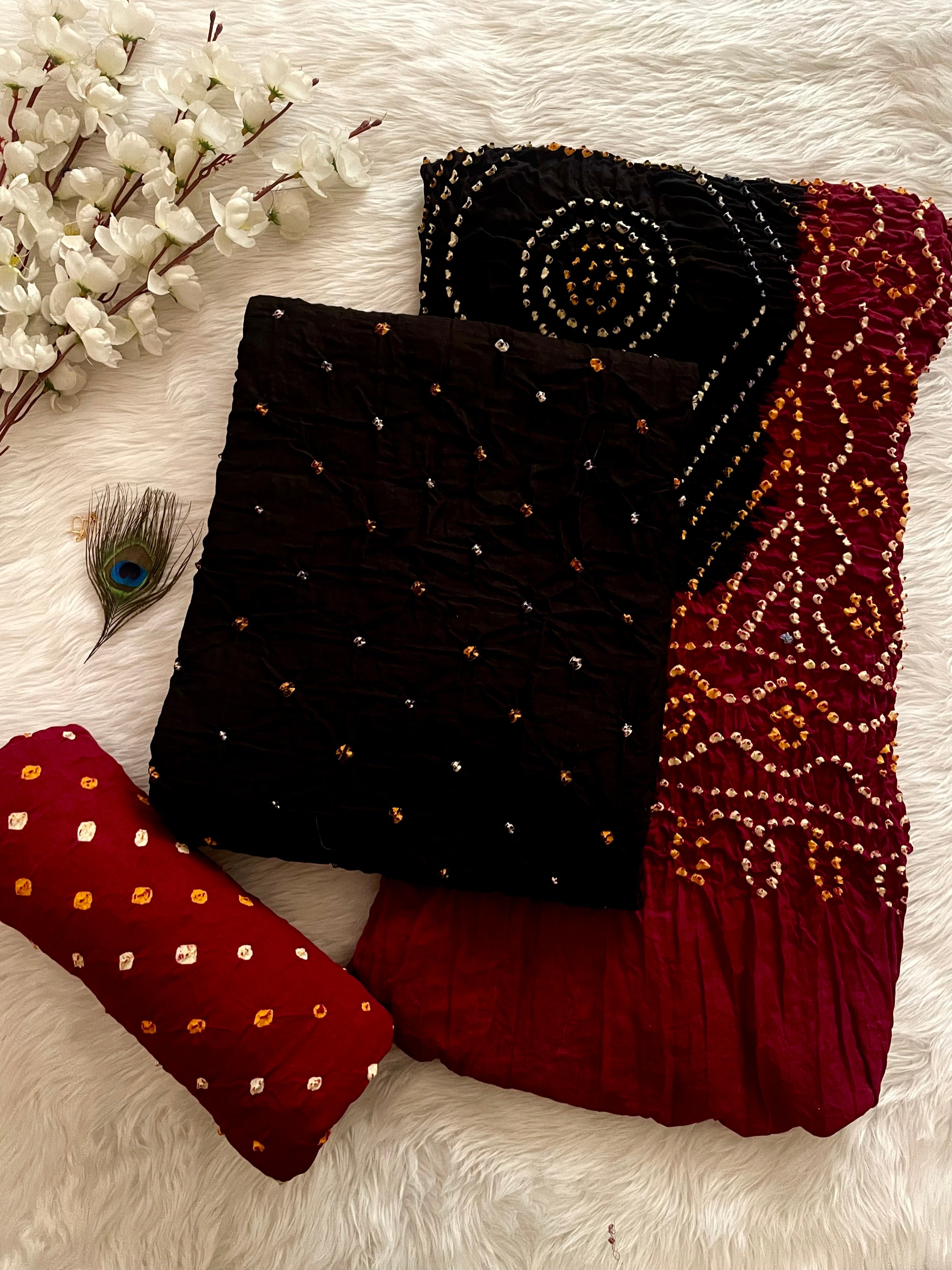 Cotton Satin Ethenika Kutch Original Hand Crafted Bandhani Dress Material (Unstitched)