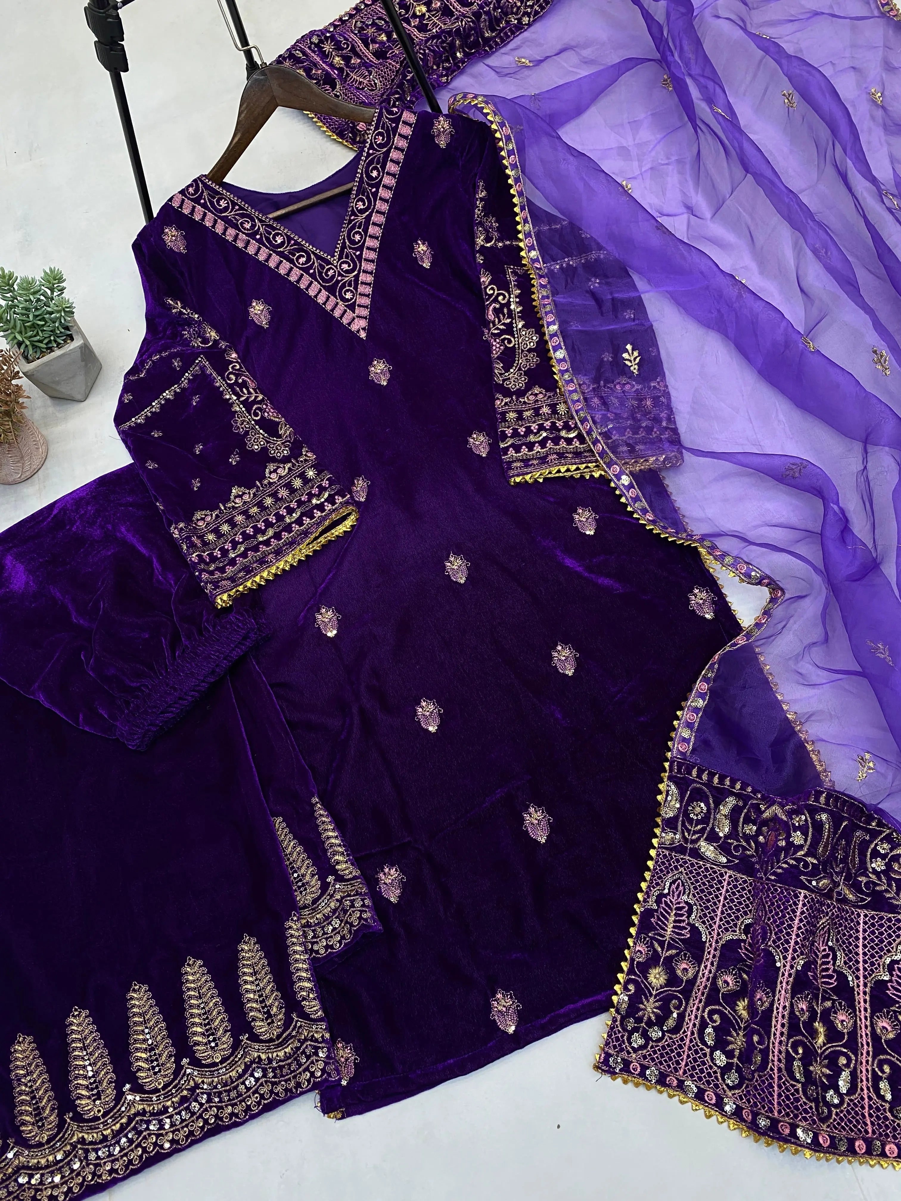 Sequence Embroidery work Winter Wear Velvet Suit