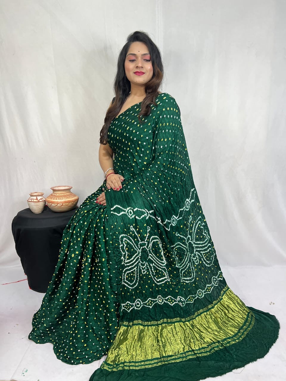 Modal Silk Heavy Barik Bandhej work Silk Bandhani Saree