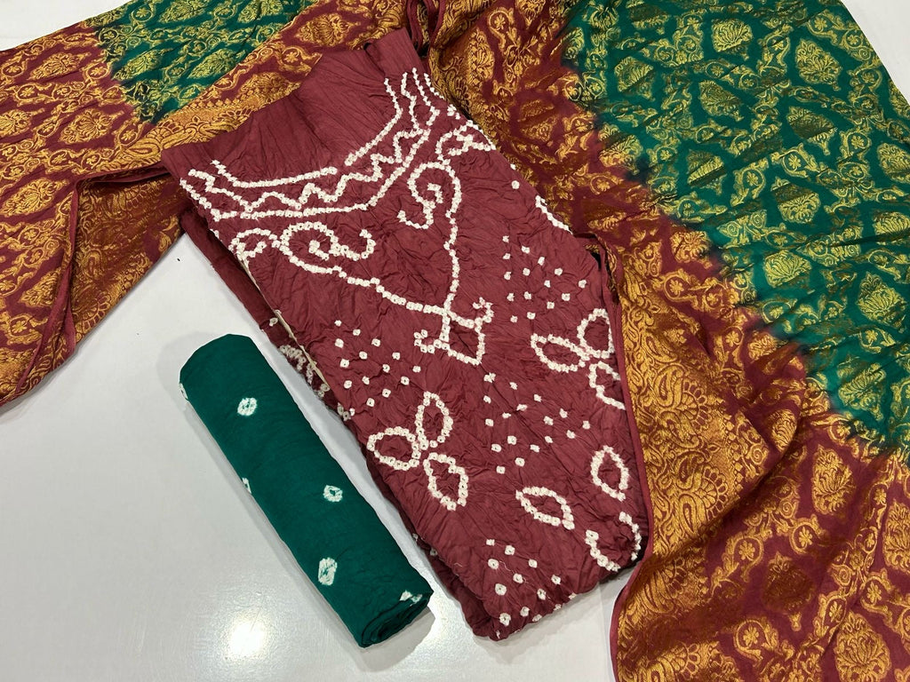 Cotton Satin Barik Bandhej work Authentic Jamnagar Bandhani Dress Material (Unstitched)