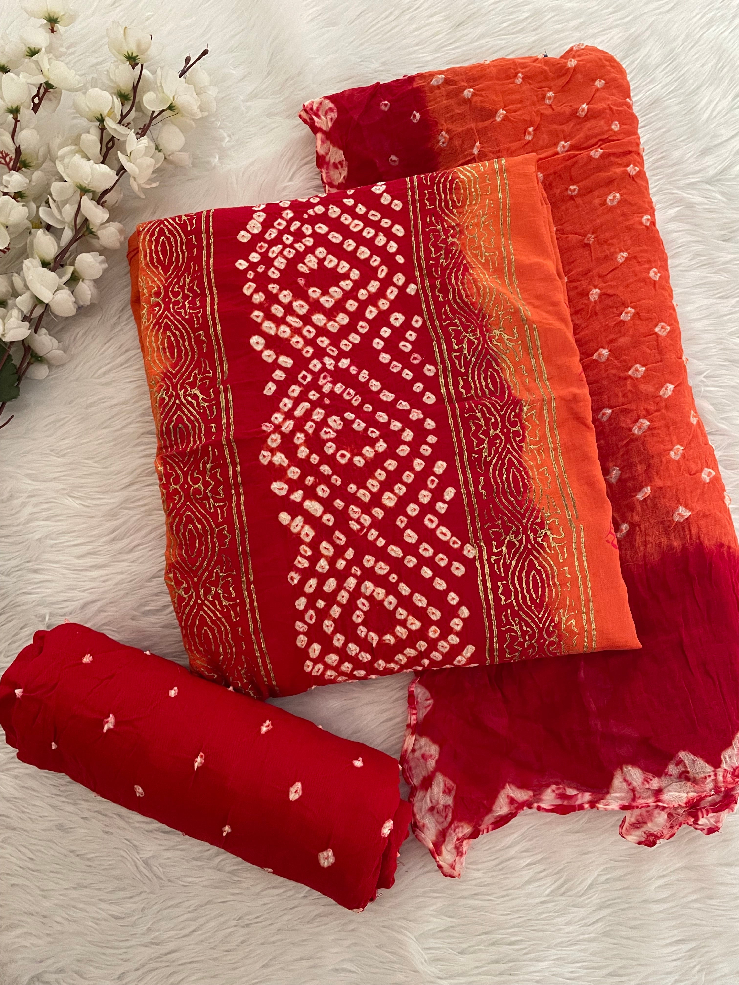 Cotton Satin Hand Block Print work Bandhani Dress Material (Unstitched)