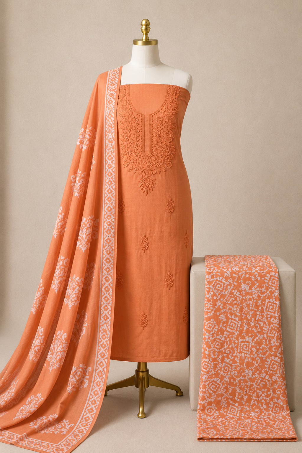 Soft Cotton Lakhnavi Thread Work 3Pc Unstitched Batik Dress Material