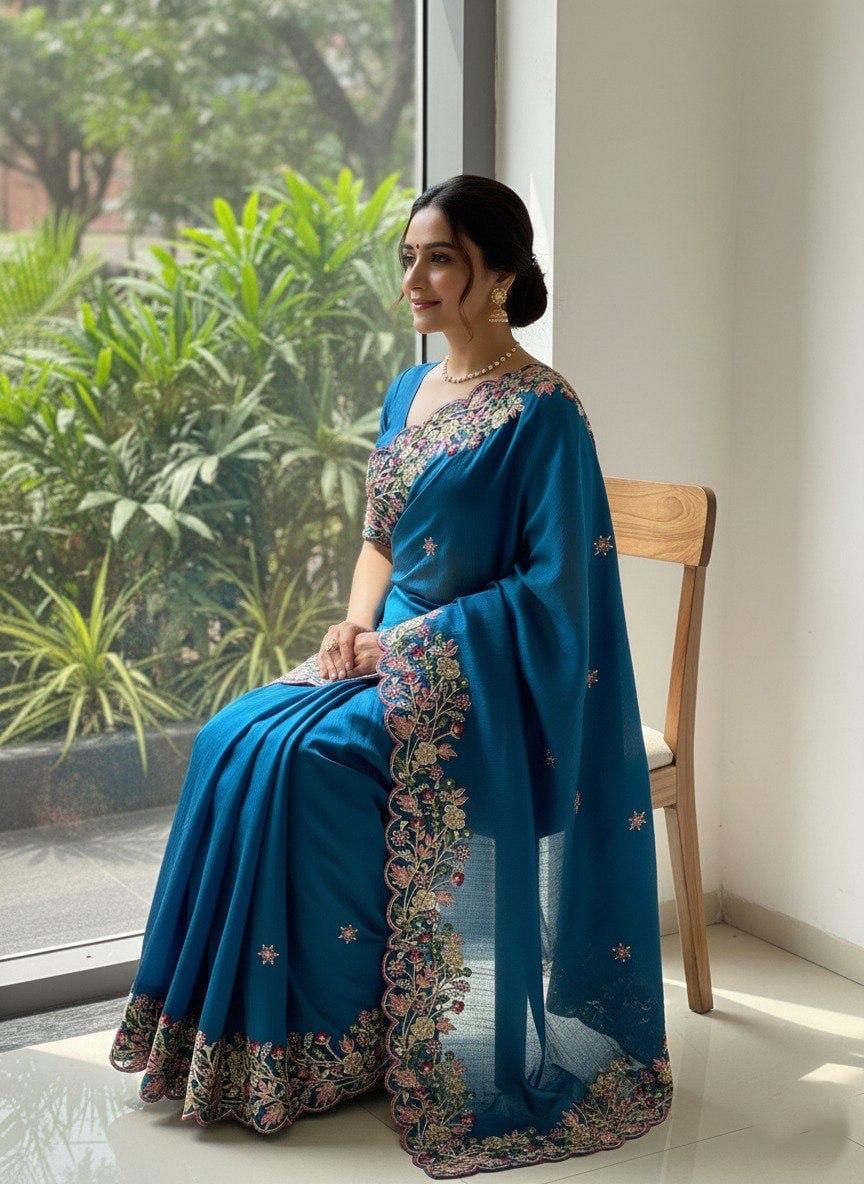 Soft Fendi Chiffone Embroidery Cut Work Designer Saree