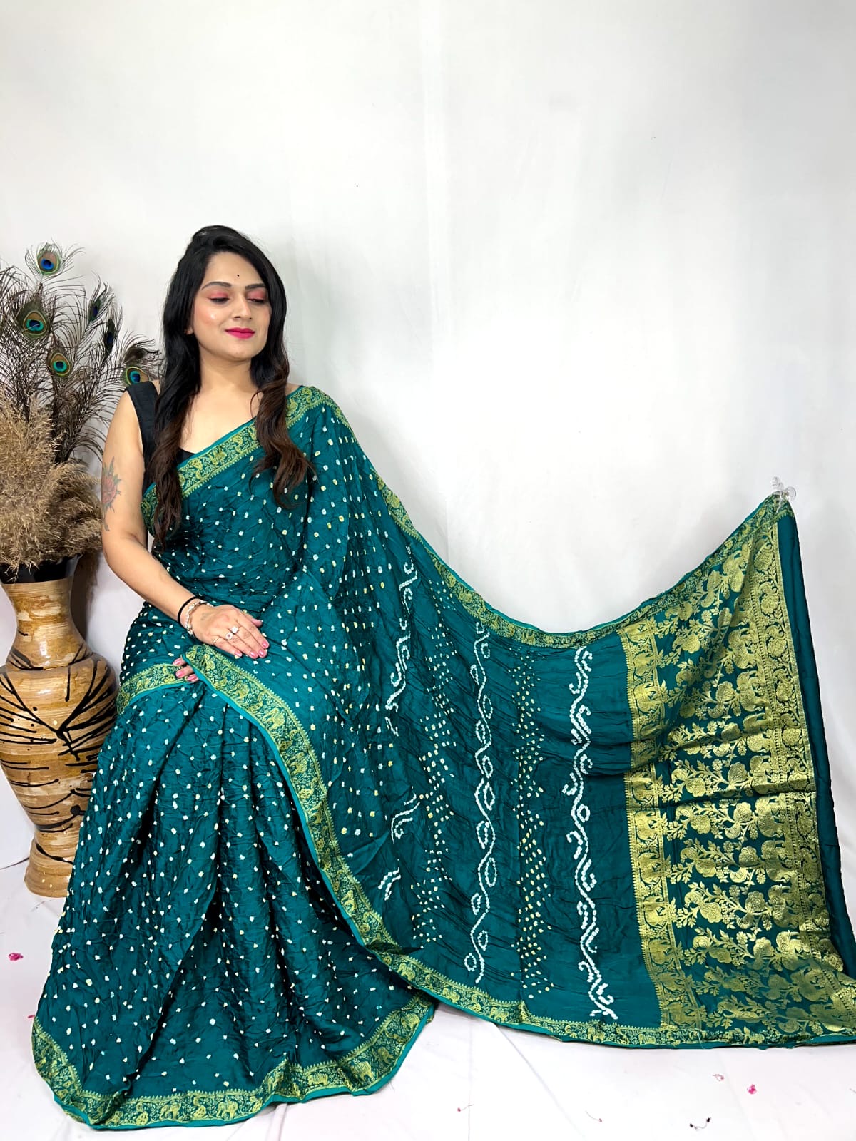 Premium Modal Silk Barik Bandhej Work Nakashi Border Silk Bandhani Saree