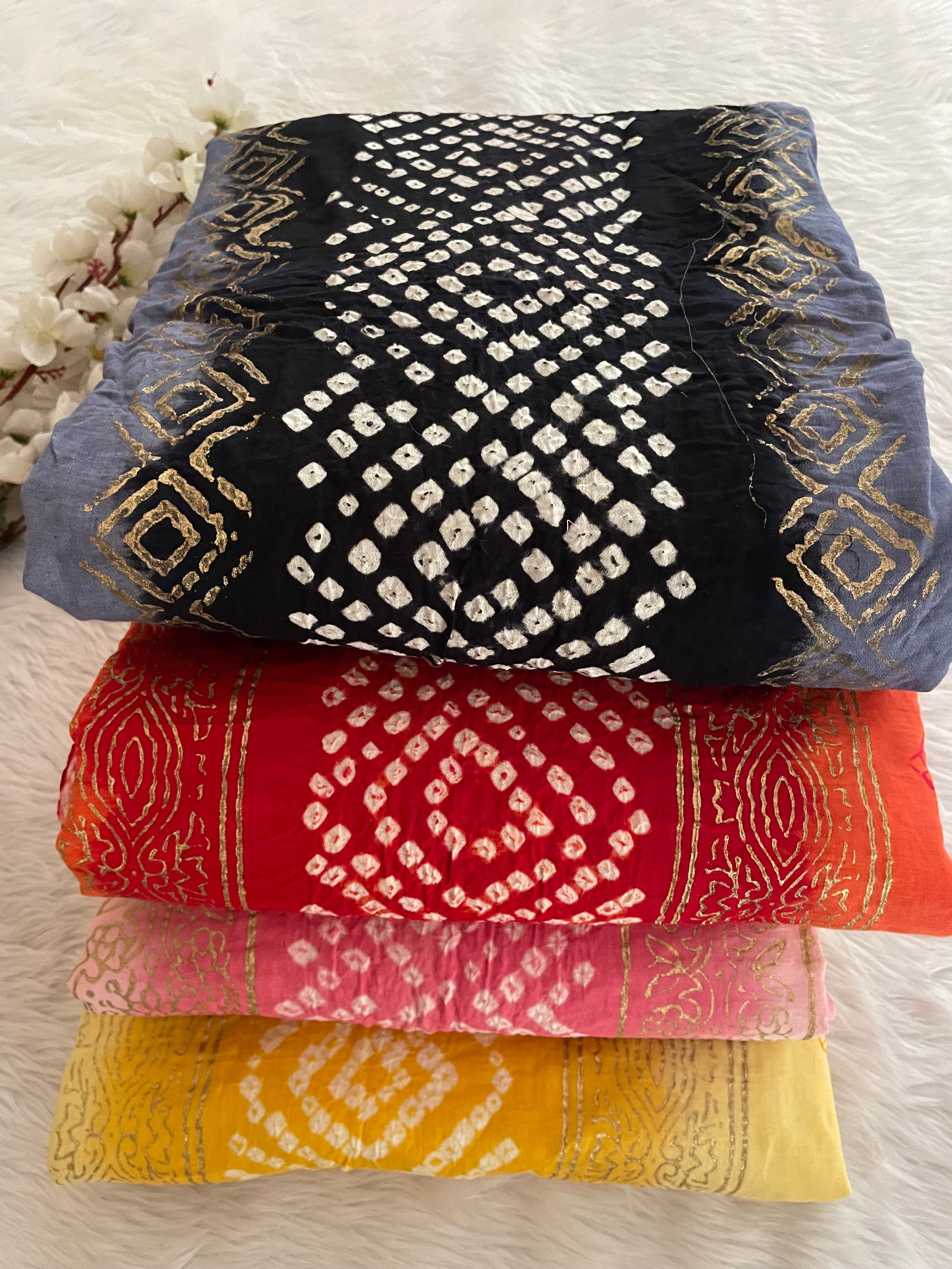 Cotton Satin Hand Block Print work Bandhani Dress Material (Unstitched)