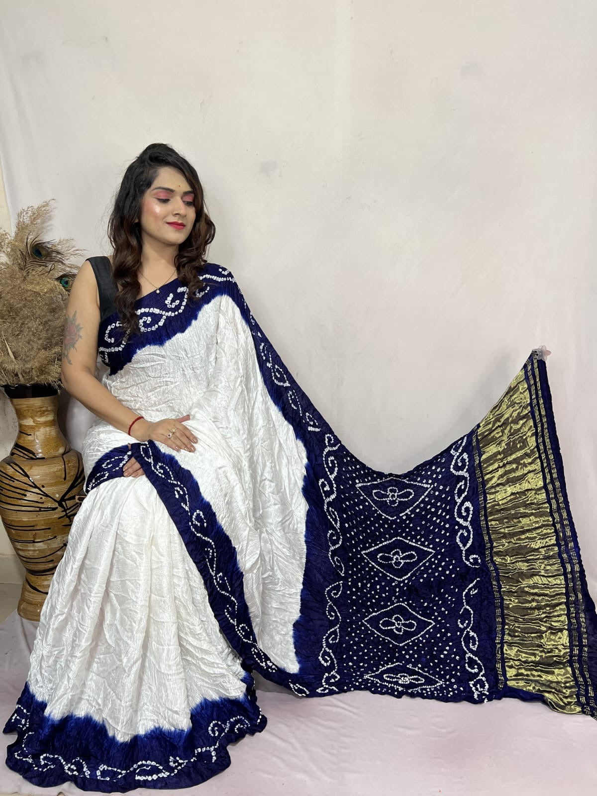 Heavy Ghazi Silk White Concept Bandhani Saree