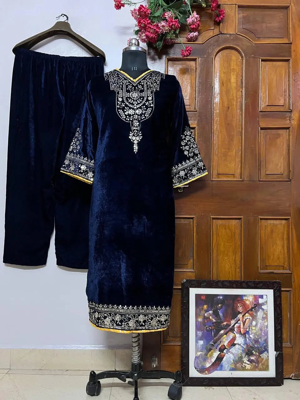 Ethenika Sequence Embroidery Work Velvet Kurti Pant Set