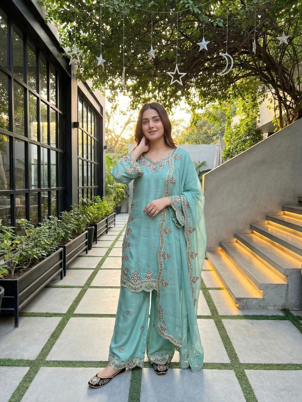 Sequence Designer Embroidery Work 3 Pc Kurta Palazzo Dupatta Set