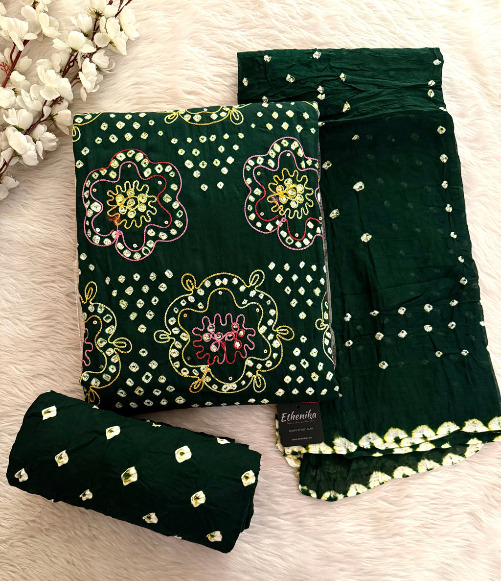 Soft Cotton Mirror Thread Work Bandhani Dress Material