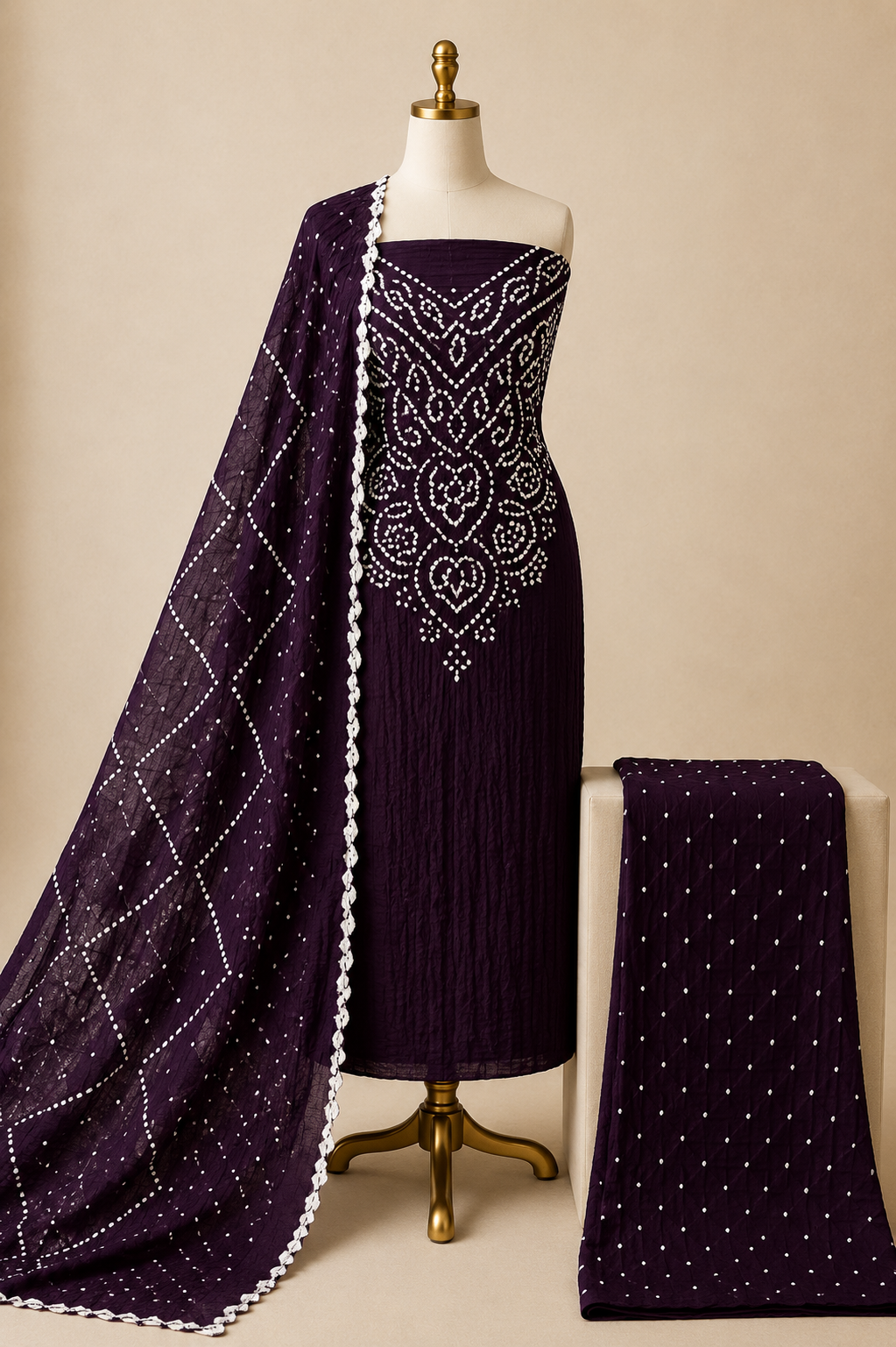Pure Cotton Kutch Handmade 3Pc Unstitched Bandhani Dress Material