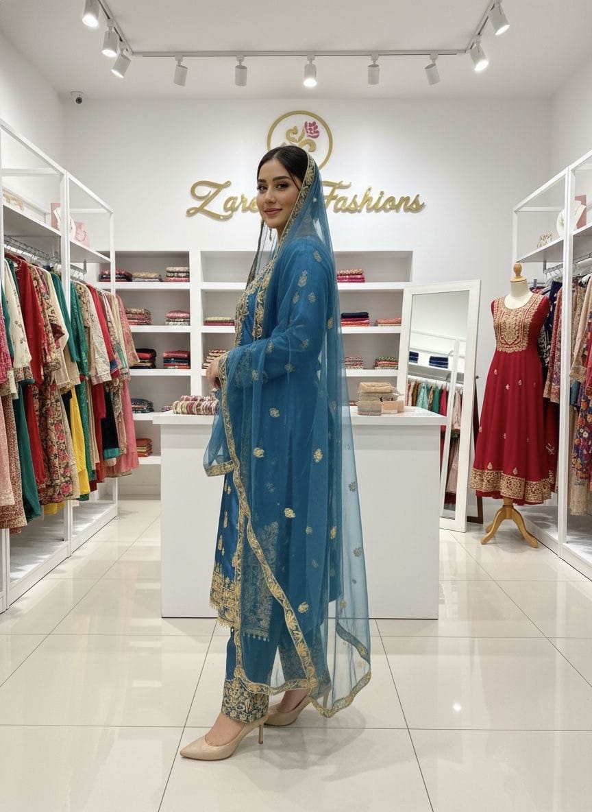Chinon Silk Sequence Embroidery Work Eid Special Desinger Kurti Pant Dupatta Set (ready to wear)