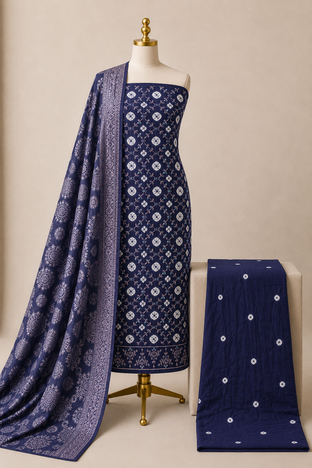 Cotton Satin Thread Work 3Pc Unstitched Bandhani Dress Material