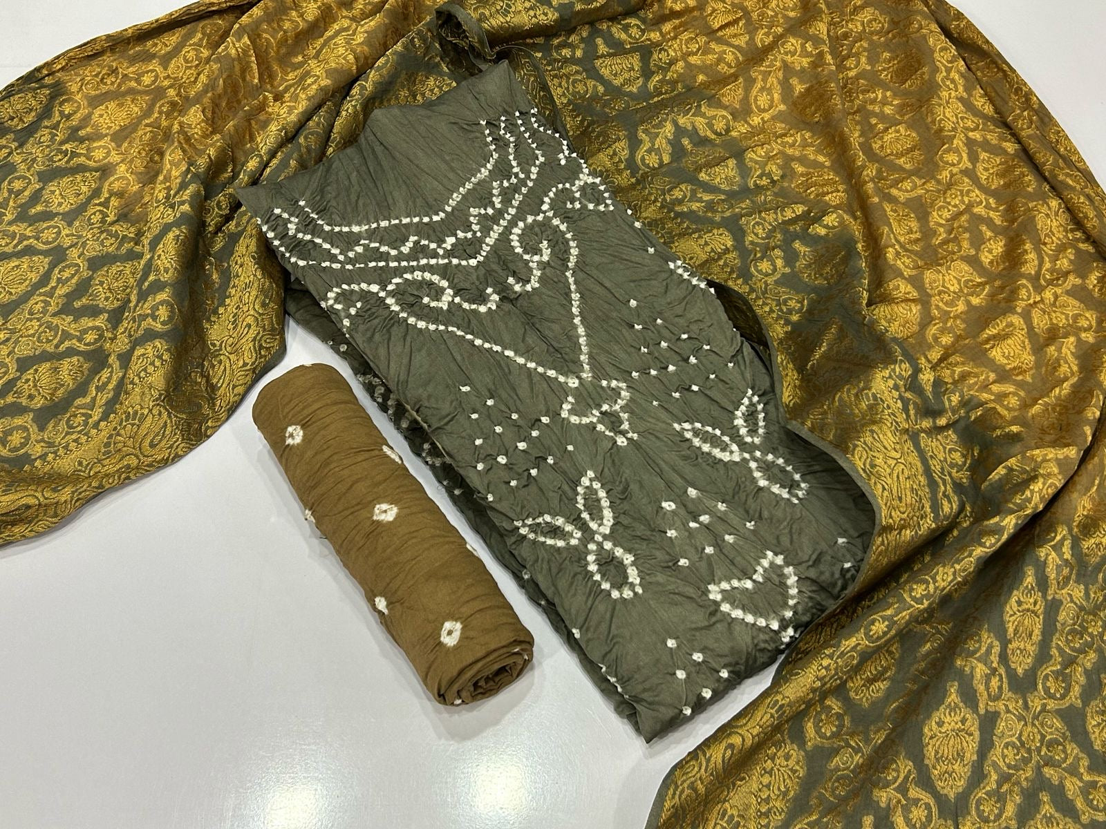 Cotton Satin Barik Bandhej work Authentic Jamnagar Bandhani Dress Material (Unstitched)